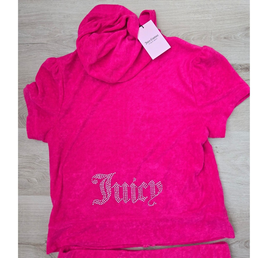 Juicy Couture Vixen Pink Terry Hoodie and Shorts Set Rhinestone Logo size Large - Picture 6 of 12